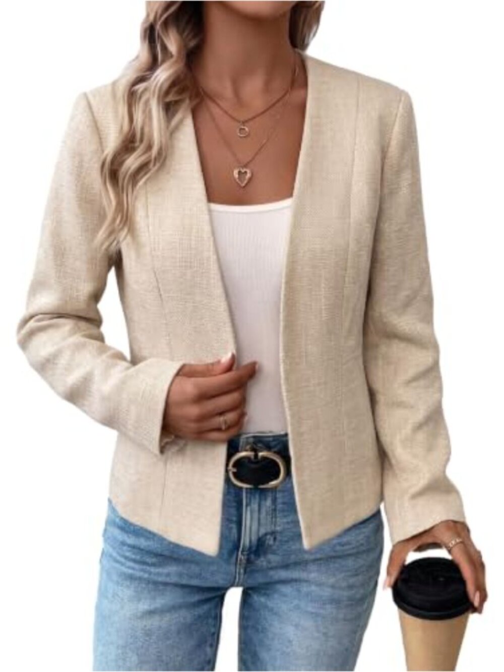 Tweed Blazer Collarless Open Front Cardigan Lightweight Fitted Casual Work